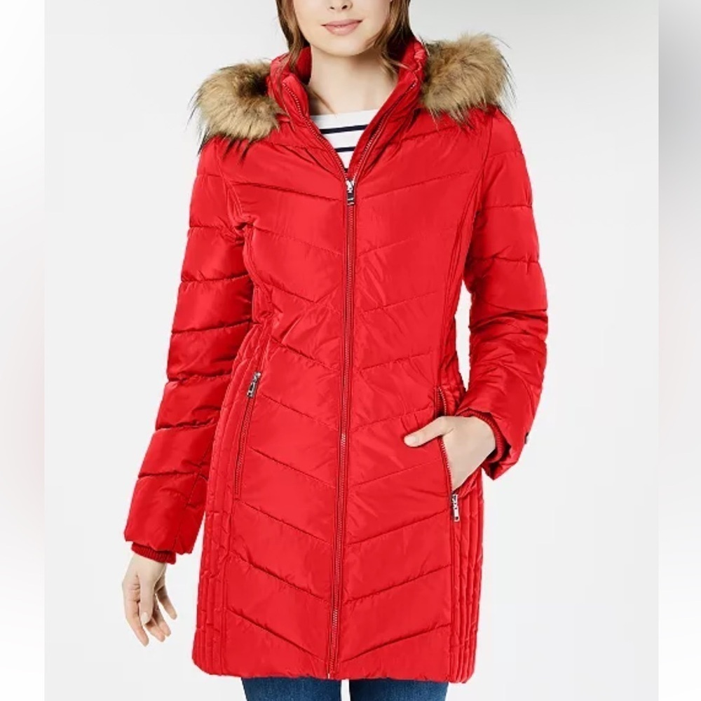 Tommy Hilfiger Chevron Removable Faux-Fur Trim Hooded Puffer SZ Large Coat NWOT
